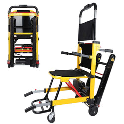 Compact yellow and black foldable electric stair-climbing wheelchair with tank-style tracks, adjustable handles, and head support, designed for enhanced mobility and safe stair navigation.