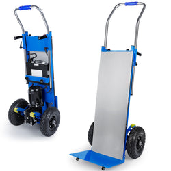 Electric stair climbing dolly showing front view with motor and battery and back view with loading platform, designed for heavy-duty material transportation.